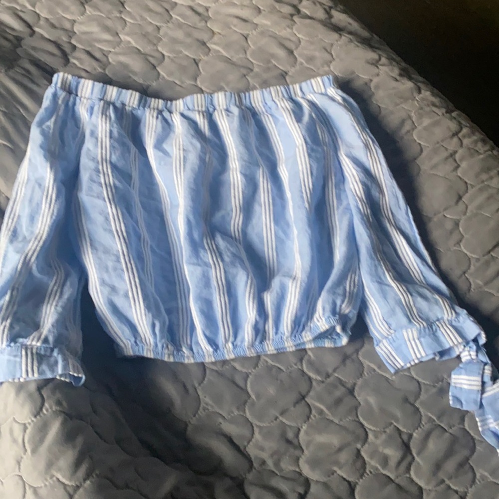 blue and white crop off the shoulder